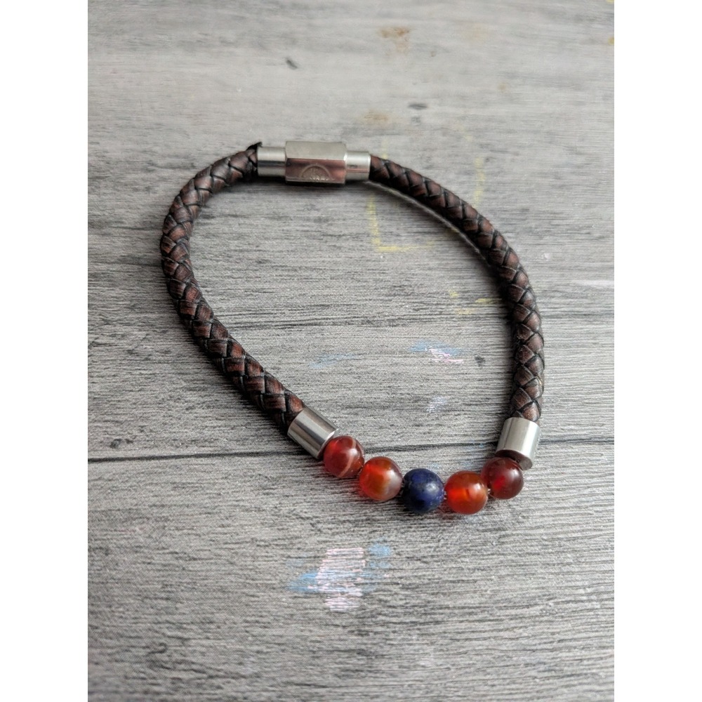 1 Tree Mission Braided Brown Leather Bracelet Carnelian Lapis Magnetic Clasp
